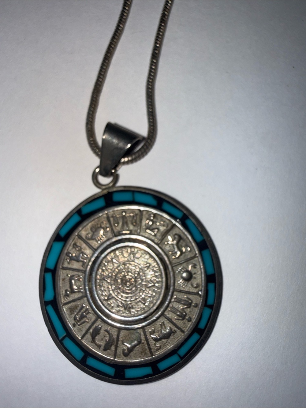 Zodiac Disc Pendant Necklace with Turquoise Inlay - Silver Tone